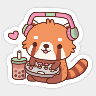 Cute Red Panda Loves Playing Video Games Sticker